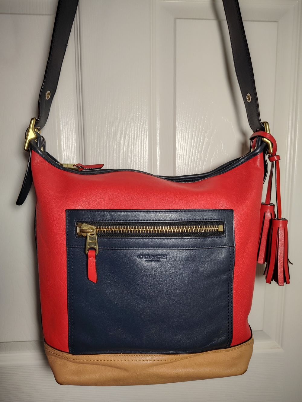 Coach Legacy Leather Colorblock Duffle Bag Red Navy #19983 Auth